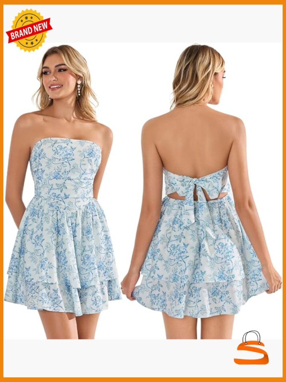 Strapless Tube Corset Mini Dress Ruffle Layer Bow Tie Flowy A-Line Party